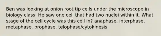 Ben was looking at onion root tip cells under the microscope in biology class. He saw one cell that had two nuclei within it. What stage of the <a href='https://www.questionai.com/knowledge/keQNMM7c75-cell-cycle' class='anchor-knowledge'>cell cycle</a> was this cell in? anaphase, interphase, metaphase, prophase, telophase/cytokinesis