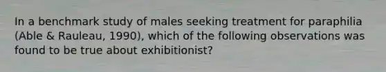 In a benchmark study of males seeking treatment for paraphilia (Able & Rauleau, 1990), which of the following observations was found to be true about exhibitionist?