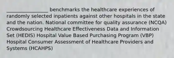 _________________ benchmarks the healthcare experiences of randomly selected inpatients against other hospitals in the state and the nation. National committee for quality assurance (NCQA) Crowdsourcing Healthcare Effectiveness Data and Information Set (HEDIS) Hospital Value Based Purchasing Program (VBP) Hospital Consumer Assessment of Healthcare Providers and Systems (HCAHPS)