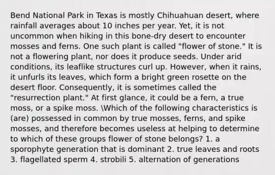 Bend National Park in Texas is mostly Chihuahuan desert, where rainfall averages about 10 inches per year. Yet, it is not uncommon when hiking in this bone-dry desert to encounter mosses and ferns. One such plant is called "flower of stone." It is not a flowering plant, nor does it produce seeds. Under arid conditions, its leaflike structures curl up. However, when it rains, it unfurls its leaves, which form a bright green rosette on the desert floor. Consequently, it is sometimes called the "resurrection plant." At first glance, it could be a fern, a true moss, or a spike moss. Which of the following characteristics is (are) possessed in common by true mosses, ferns, and spike mosses, and therefore becomes useless at helping to determine to which of these groups flower of stone belongs? 1. a sporophyte generation that is dominant 2. true leaves and roots 3. flagellated sperm 4. strobili 5. alternation of generations