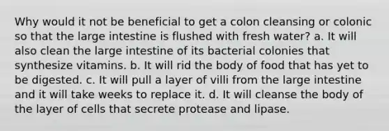 Why would it not be beneficial to get a colon cleansing or colonic so that the large intestine is flushed with fresh water? a. It will also clean the large intestine of its bacterial colonies that synthesize vitamins. b. It will rid the body of food that has yet to be digested. c. It will pull a layer of villi from the large intestine and it will take weeks to replace it. d. It will cleanse the body of the layer of cells that secrete protease and lipase.