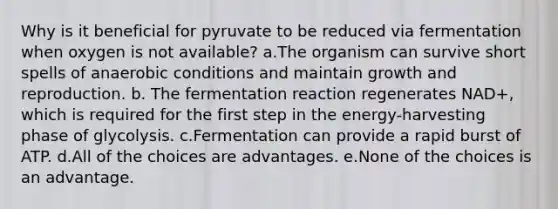 Why is it beneficial for pyruvate to be reduced via fermentation when oxygen is not available? a.The organism can survive short spells of anaerobic conditions and maintain growth and reproduction. b. The fermentation reaction regenerates NAD+, which is required for the first step in the energy-harvesting phase of glycolysis. c.Fermentation can provide a rapid burst of ATP. d.All of the choices are advantages. e.None of the choices is an advantage.