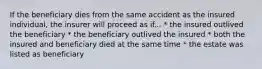 If the beneficiary dies from the same accident as the insured individual, the insurer will proceed as if... * the insured outlived the beneficiary * the beneficiary outlived the insured * both the insured and beneficiary died at the same time * the estate was listed as beneficiary