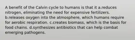 A benefit of the Calvin cycle to humans is that it a.reduces nitrogen, eliminating the need for expensive fertilizers. b.releases oxygen into the atmosphere, which humans require for aerobic respiration. c.creates biomass, which is the basis for food chains. d.synthesizes antibiotics that can help combat emerging pathogens.