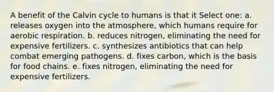 A benefit of the Calvin cycle to humans is that it Select one: a. releases oxygen into the atmosphere, which humans require for aerobic respiration. b. reduces nitrogen, eliminating the need for expensive fertilizers. c. synthesizes antibiotics that can help combat emerging pathogens. d. fixes carbon, which is the basis for food chains. e. fixes nitrogen, eliminating the need for expensive fertilizers.