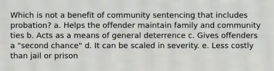 Which is not a benefit of community sentencing that includes probation? a. Helps the offender maintain family and community ties b. Acts as a means of general deterrence c. Gives offenders a "second chance" d. It can be scaled in severity. e. Less costly than jail or prison