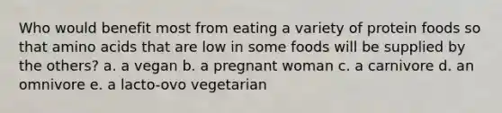 Who would benefit most from eating a variety of protein foods so that amino acids that are low in some foods will be supplied by the others? a. a vegan b. a pregnant woman c. a carnivore d. an omnivore e. a lacto-ovo vegetarian