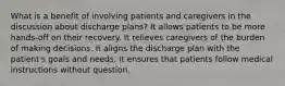 What is a benefit of involving patients and caregivers in the discussion about discharge plans? It allows patients to be more hands-off on their recovery. It relieves caregivers of the burden of making decisions. It aligns the discharge plan with the patient's goals and needs. It ensures that patients follow medical instructions without question.