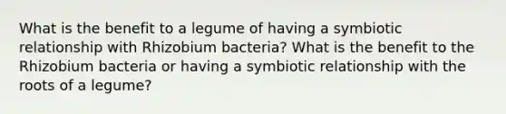 What is the benefit to a legume of having a symbiotic relationship with Rhizobium bacteria? What is the benefit to the Rhizobium bacteria or having a symbiotic relationship with the roots of a legume?