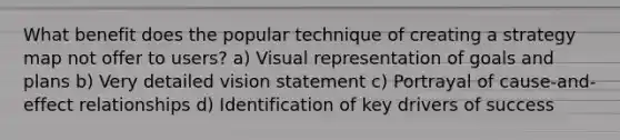 What benefit does the popular technique of creating a strategy map not offer to users? a) Visual representation of goals and plans b) Very detailed vision statement c) Portrayal of cause-and-effect relationships d) Identification of key drivers of success