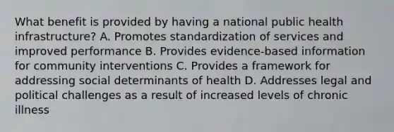 What benefit is provided by having a national public health infrastructure? A. Promotes standardization of services and improved performance B. Provides evidence-based information for community interventions C. Provides a framework for addressing social determinants of health D. Addresses legal and political challenges as a result of increased levels of chronic illness