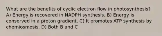 What are the benefits of <a href='https://www.questionai.com/knowledge/ktXlRGlV4V-cyclic-electron-flow' class='anchor-knowledge'>cyclic electron flow</a> in photosynthesis? A) Energy is recovered in NADPH synthesis. B) Energy is conserved in a proton gradient. C) It promotes <a href='https://www.questionai.com/knowledge/kx3XpCJrFz-atp-synthesis' class='anchor-knowledge'>atp synthesis</a> by chemiosmosis. D) Both B and C