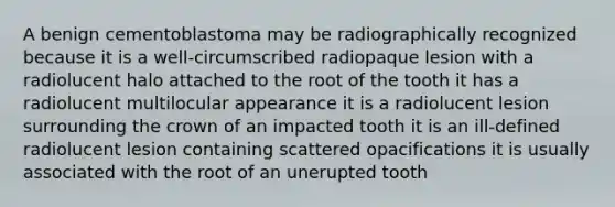 A benign cementoblastoma may be radiographically recognized because it is a well-circumscribed radiopaque lesion with a radiolucent halo attached to the root of the tooth it has a radiolucent multilocular appearance it is a radiolucent lesion surrounding the crown of an impacted tooth it is an ill-defined radiolucent lesion containing scattered opacifications it is usually associated with the root of an unerupted tooth