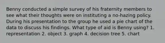 Benny conducted a simple survey of his fraternity members to see what their thoughts were on instituting a no-hazing policy. During his presentation to the group he used a pie chart of the data to discuss his findings. What type of aid is Benny using? 1. representation 2. object 3. graph 4. decision tree 5. chart