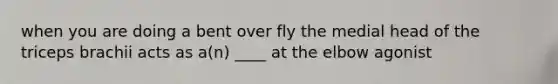when you are doing a bent over fly the medial head of the triceps brachii acts as a(n) ____ at the elbow agonist