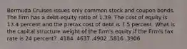 Bermuda Cruises issues only common stock and coupon bonds. The firm has a debt-equity ratio of 1.39. The cost of equity is 13.4 percent and the pretax cost of debt is 7.5 percent. What is the capital structure weight of the firm's equity if the firm's tax rate is 24 percent? .4184 .4637 .4902 .5816 .3906