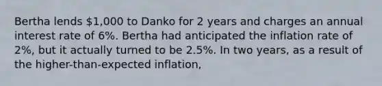 Bertha lends 1,000 to Danko for 2 years and charges an annual interest rate of 6%. Bertha had anticipated the inflation rate of 2%, but it actually turned to be 2.5%. In two years, as a result of the higher-than-expected inflation,