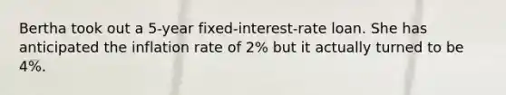 Bertha took out a 5-year fixed-interest-rate loan. She has anticipated the inflation rate of 2% but it actually turned to be 4%.