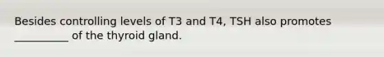 Besides controlling levels of T3 and T4, TSH also promotes __________ of the thyroid gland.