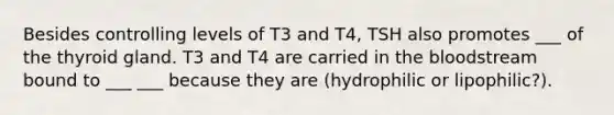 Besides controlling levels of T3 and T4, TSH also promotes ___ of the thyroid gland. T3 and T4 are carried in the bloodstream bound to ___ ___ because they are (hydrophilic or lipophilic?).