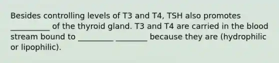 Besides controlling levels of T3 and T4, TSH also promotes __________ of the thyroid gland. T3 and T4 are carried in the blood stream bound to _________ ________ because they are (hydrophilic or lipophilic).