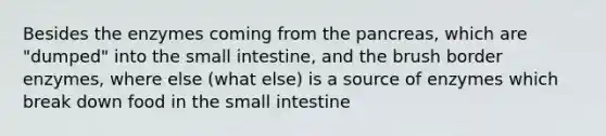 Besides the enzymes coming from the pancreas, which are "dumped" into the small intestine, and the brush border enzymes, where else (what else) is a source of enzymes which break down food in the small intestine