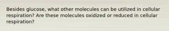 Besides glucose, what other molecules can be utilized in <a href='https://www.questionai.com/knowledge/k1IqNYBAJw-cellular-respiration' class='anchor-knowledge'>cellular respiration</a>? Are these molecules oxidized or reduced in cellular respiration?