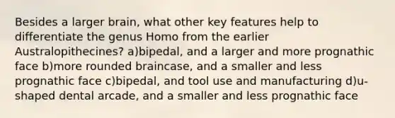 Besides a larger brain, what other key features help to differentiate the genus Homo from the earlier Australopithecines? a)bipedal, and a larger and more prognathic face b)more rounded braincase, and a smaller and less prognathic face c)bipedal, and tool use and manufacturing d)u-shaped dental arcade, and a smaller and less prognathic face