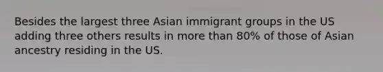 Besides the largest three Asian immigrant groups in the US adding three others results in more than 80% of those of Asian ancestry residing in the US.