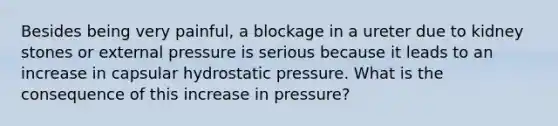 Besides being very painful, a blockage in a ureter due to kidney stones or external pressure is serious because it leads to an increase in capsular hydrostatic pressure. What is the consequence of this increase in pressure?