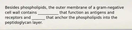 Besides phospholipids, the outer membrane of a gram-negative <a href='https://www.questionai.com/knowledge/koIRusoDXG-cell-wall' class='anchor-knowledge'>cell wall</a> contains ___________ that function as antigens and receptors and _______ that anchor the phospholipids into the peptidoglycan layer.