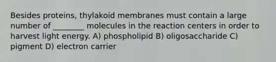 Besides proteins, thylakoid membranes must contain a large number of ________ molecules in the reaction centers in order to harvest light energy. A) phospholipid B) oligosaccharide C) pigment D) electron carrier