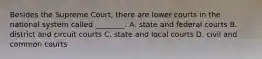 Besides the Supreme Court, there are lower courts in the national system called ________. A. state and federal courts B. district and circuit courts C. state and local courts D. civil and common courts