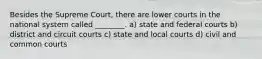 Besides the Supreme Court, there are lower courts in the national system called ________. a) state and federal courts b) district and circuit courts c) state and local courts d) civil and common courts