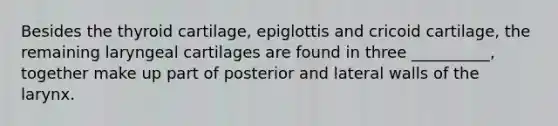 Besides the thyroid cartilage, epiglottis and cricoid cartilage, the remaining laryngeal cartilages are found in three __________, together make up part of posterior and lateral walls of the larynx.