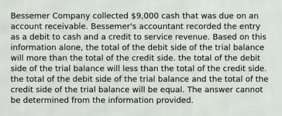 Bessemer Company collected 9,000 cash that was due on an account receivable. Bessemer's accountant recorded the entry as a debit to cash and a credit to service revenue. Based on this information alone, the total of the debit side of the trial balance will more than the total of the credit side. the total of the debit side of the trial balance will less than the total of the credit side. the total of the debit side of the trial balance and the total of the credit side of the trial balance will be equal. The answer cannot be determined from the information provided.