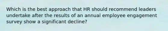 Which is the best approach that HR should recommend leaders undertake after the results of an annual employee engagement survey show a significant decline?