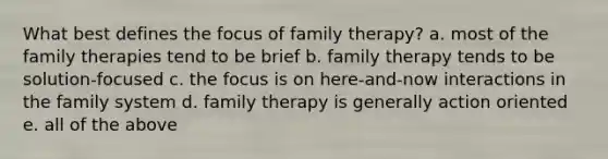 What best defines the focus of family therapy? a. most of the family therapies tend to be brief b. family therapy tends to be solution-focused c. the focus is on here-and-now interactions in the family system d. family therapy is generally action oriented e. all of the above