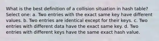 What is the best definition of a collision situation in hash table? Select one: a. Two entries with the exact same key have different values. b. Two entries are identical except for their keys. c. Two entries with different data have the exact same key. d. Two entries with different keys have the same exact hash value.