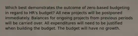 Which best demonstrates the outcome of zero-based budgeting in regard to HR's budget? All new projects will be postponed immediately. Balances for ongoing projects from previous periods will be carried over. All expenditures will need to be justified when building the budget. The budget will have no growth.