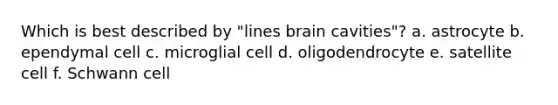 Which is best described by "lines brain cavities"? a. astrocyte b. ependymal cell c. microglial cell d. oligodendrocyte e. satellite cell f. Schwann cell