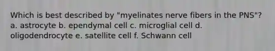 Which is best described by "myelinates nerve fibers in the PNS"? a. astrocyte b. ependymal cell c. microglial cell d. oligodendrocyte e. satellite cell f. Schwann cell