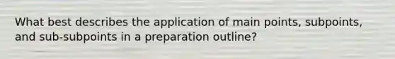 What best describes the application of main points, subpoints, and sub-subpoints in a preparation outline?