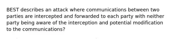 BEST describes an attack where communications between two parties are intercepted and forwarded to each party with neither party being aware of the interception and potential modification to the communications?