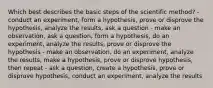 Which best describes the basic steps of the scientific method? - conduct an experiment, form a hypothesis, prove or disprove the hypothesis, analyze the results, ask a question - make an observation, ask a question, form a hypothesis, do an experiment, analyze the results, prove or disprove the hypothesis - make an observation, do an experiment, analyze the results, make a hypothesis, prove or disprove hypothesis, then repeat - ask a question, create a hypothesis, prove or disprove hypothesis, conduct an experiment, analyze the results