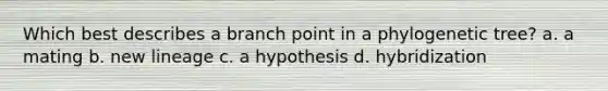 Which best describes a branch point in a phylogenetic tree? a. a mating b. new lineage c. a hypothesis d. hybridization