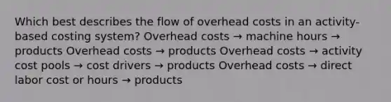 Which best describes the flow of overhead costs in an activity-based costing system? Overhead costs → machine hours → products Overhead costs → products Overhead costs → activity cost pools → cost drivers → products Overhead costs → direct labor cost or hours → products