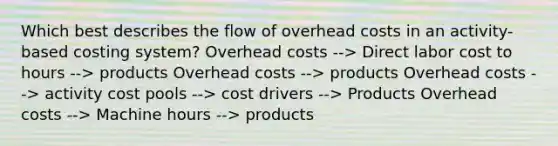 Which best describes the flow of overhead costs in an activity-based costing system? Overhead costs --> Direct labor cost to hours --> products Overhead costs --> products Overhead costs --> activity cost pools --> cost drivers --> Products Overhead costs --> Machine hours --> products