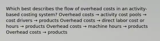 Which best describes the flow of overhead costs in an activity-based costing system? Overhead costs → activity cost pools → cost drivers → products Overhead costs → direct labor cost or hours → products Overhead costs → machine hours → products Overhead costs → products