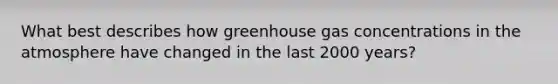 What best describes how greenhouse gas concentrations in the atmosphere have changed in the last 2000 years?